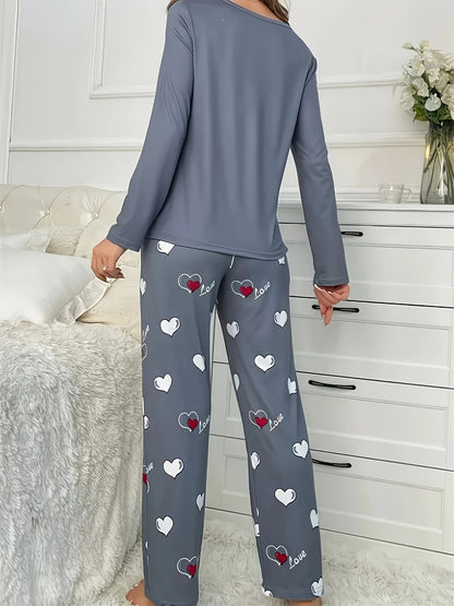 Cozy & Cute Women's Heart Pattern Pajama Set in Dark Gray - Long Sleeve & Pants, Round Neck, Soft Polyester Blend, Machine Washable Sleepwear for Autumn/Winter