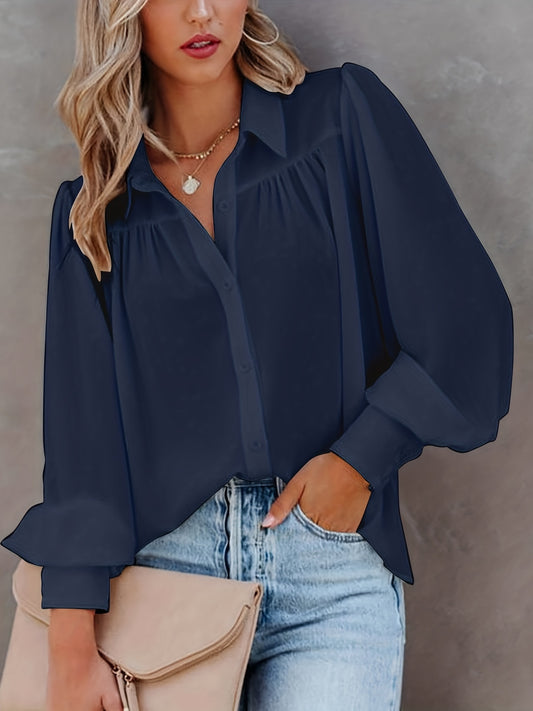 Plus Size Basic Blouse, Women's Plus Solid Button Up Lantern Sleeve Turn Down Collar Slight Stretch Blouse