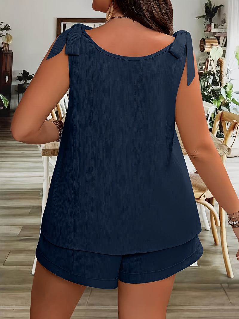 Women'S Casual Sleeveless V-Neck Top & Shorts Two-Piece Set - Loose Fit, Solid Navy Blue, Polyester Blend, Perfect for Summer Vacations, Summer Vacation Wear|Relaxed Fit Shorts|Polyester Blend