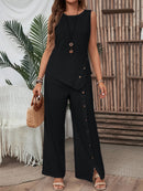 Women's Summer Irregular Hem Buttonless Sleeveless Shirt and Loose Straight Pants Set