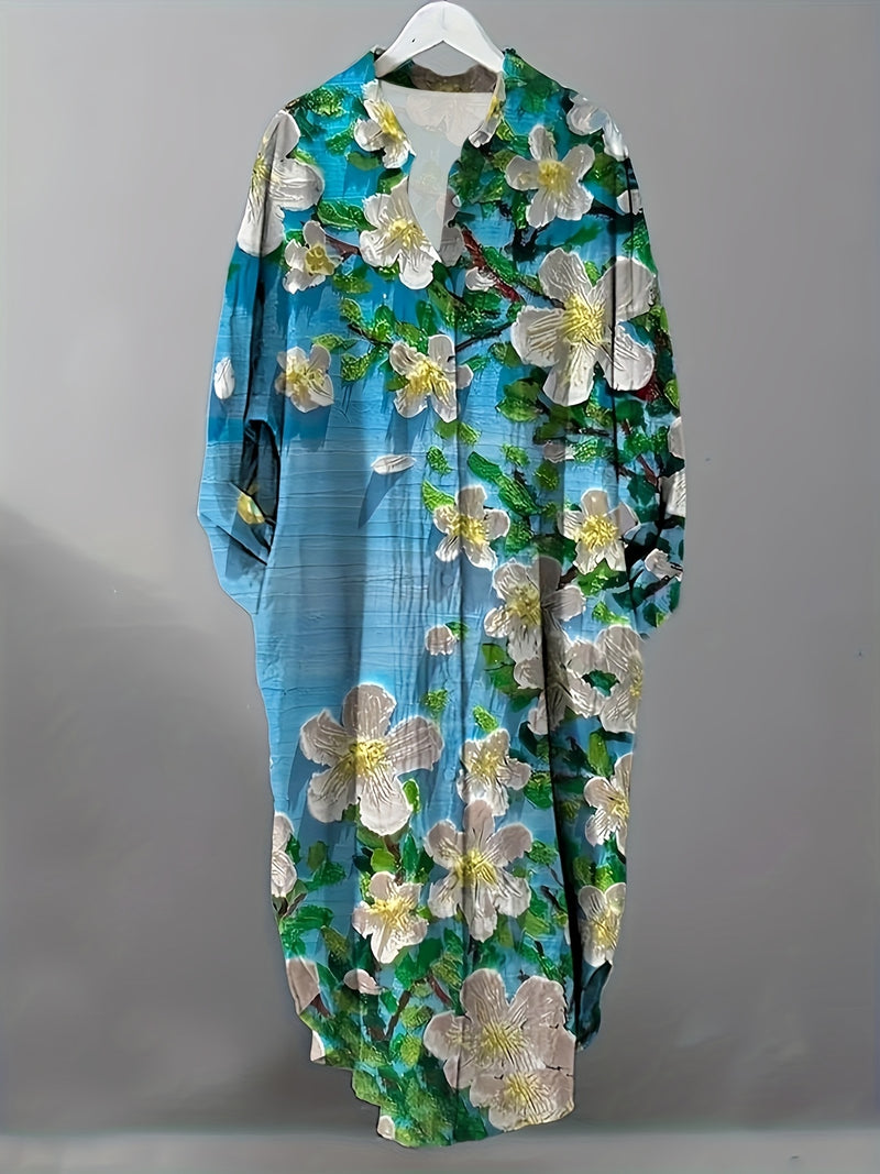 Plus Size - Elegant Floral Print Maxi Dress with Long Sleeves - Blue & White Floral Design, Button-Up Front, Casual Style for Women, All-Season Wear, Casual Summer Dress | Floral Print Dress | Nonstretch Fabric