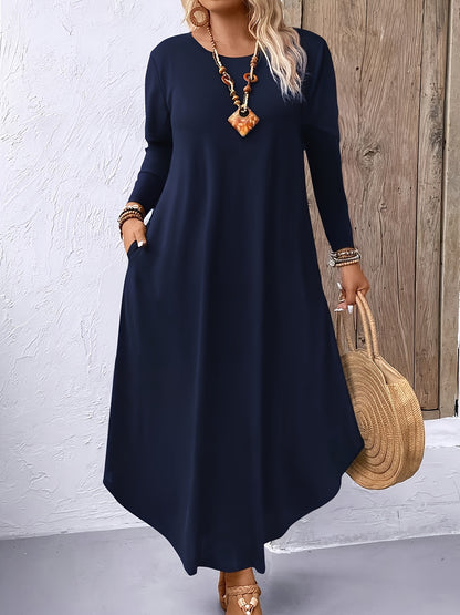 Plus Size Solid Color Dress, Casual Long Sleeve Crew Neck Dress for Spring & Fall, Women's Plus Size Clothing