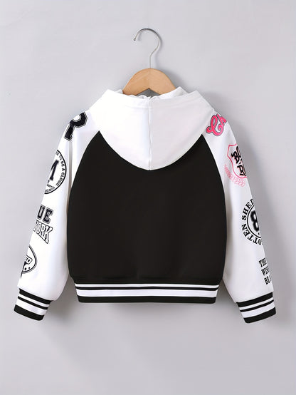 Alphabet LA Pattern Girl's Varsity Jacket, Raglan Color Block Thermal Lined Preppy Jacket Spring/ Fall Outerwear