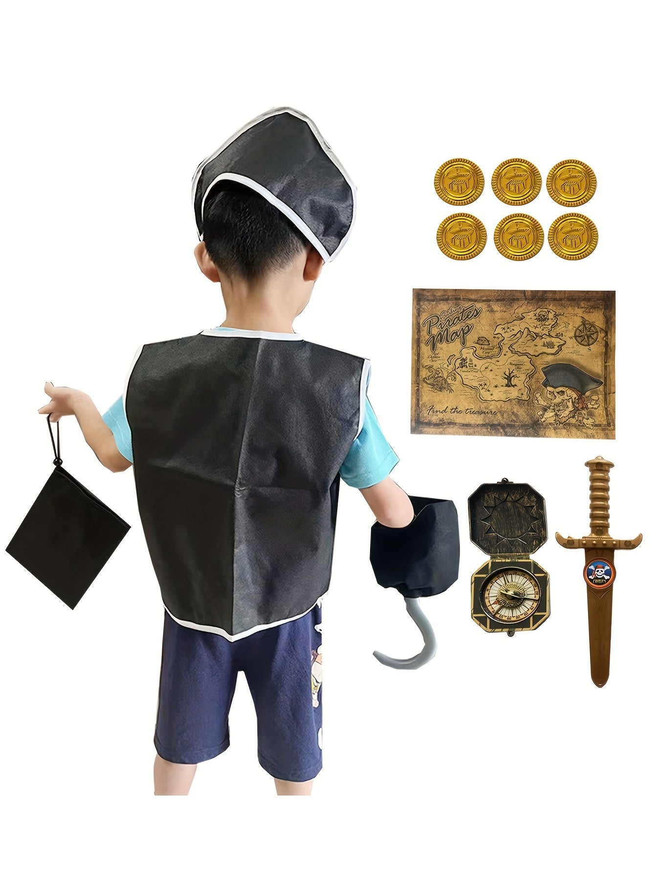 14Pcs/set Kid's Pirate Cosplay Costume, Pirate Captain Dress Up Set For Carnival Birthday Party Performance Clothing