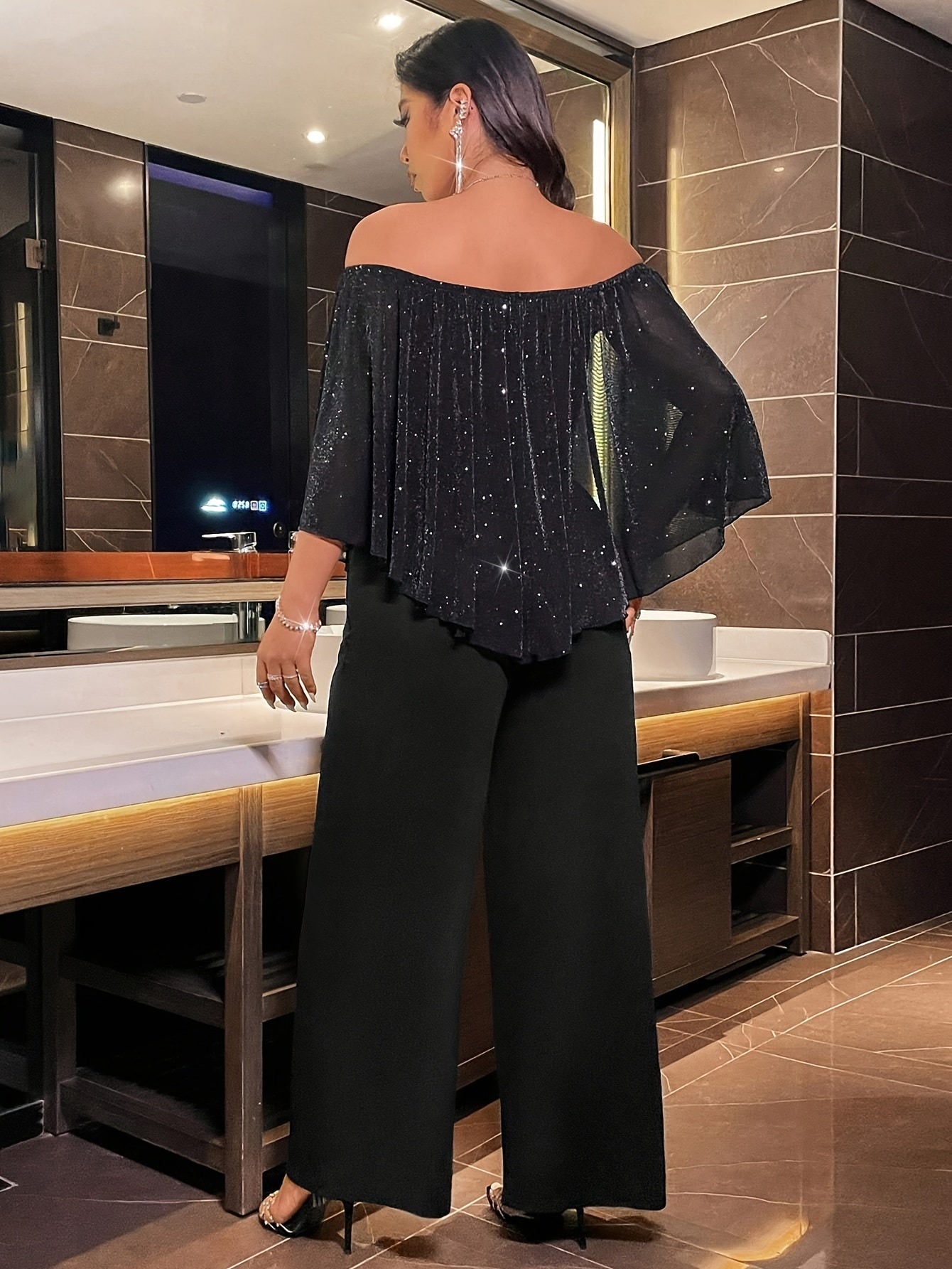 1pc Elegant Off-the-Shoulder Glitter Top and Culottes Set for Women, Polyester Knit Fabric with Slight Stretch, Solid Color, Spring/Summer/Fall Fashion, 96% Polyester 4% Elastane