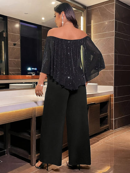 1pc Elegant Off-the-Shoulder Glitter Top and Culottes Set for Women, Polyester Knit Fabric with Slight Stretch, Solid Color, Spring/Summer/Fall Fashion, 96% Polyester 4% Elastane