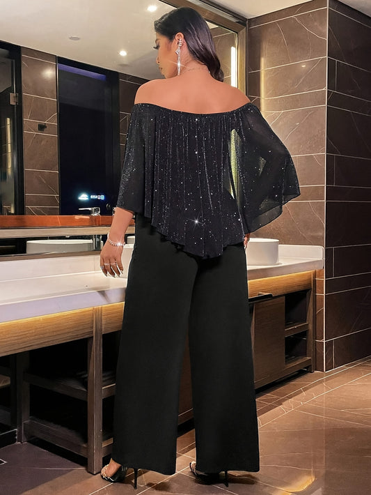 1pc Elegant Off-the-Shoulder Glitter Top and Culottes Set for Women, Polyester Knit Fabric with Slight Stretch, Solid Color, Spring/Summer/Fall Fashion, 96% Polyester 4% Elastane