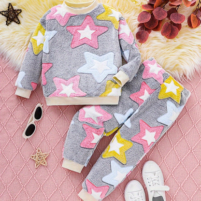 Cozy Girls' Fleece-Lined Star Pattern Pajama Set - Long Sleeve & Pants, Warm & Comfortable Casual Home Wear for Autumn/Winter, Machine Washable, Polyester