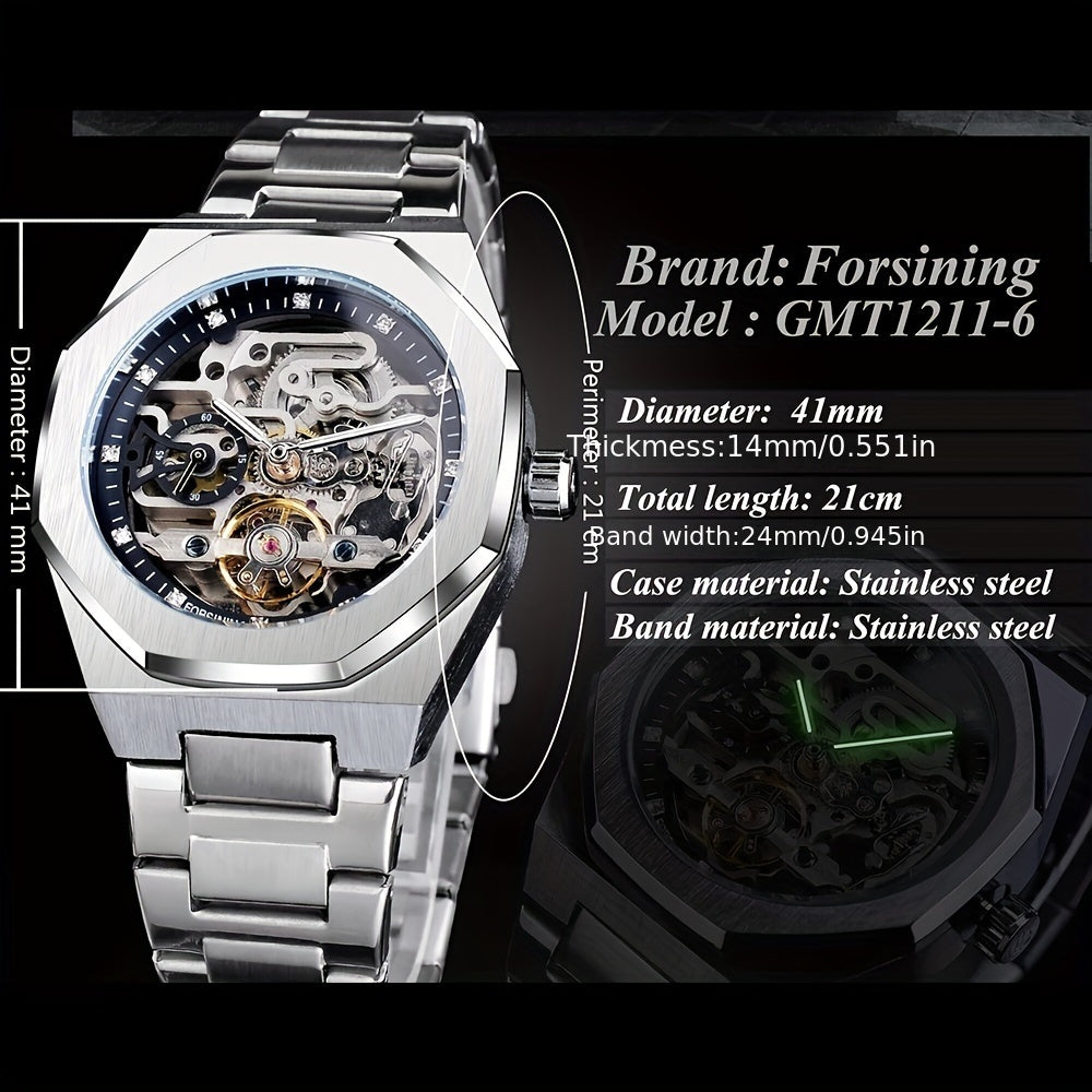 Reloj mecánico automático para hombre: esqueleto de diamantes de imitación 3D, acero inoxidable, estilo deportivo y profesional, regalo perfecto.