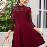 Elegant Girls' Lace-Trimmed A-Line Dress with Zipper - Solid Color, Stretchy Polyester Blend, Perfect for Spring/Summer/Fall