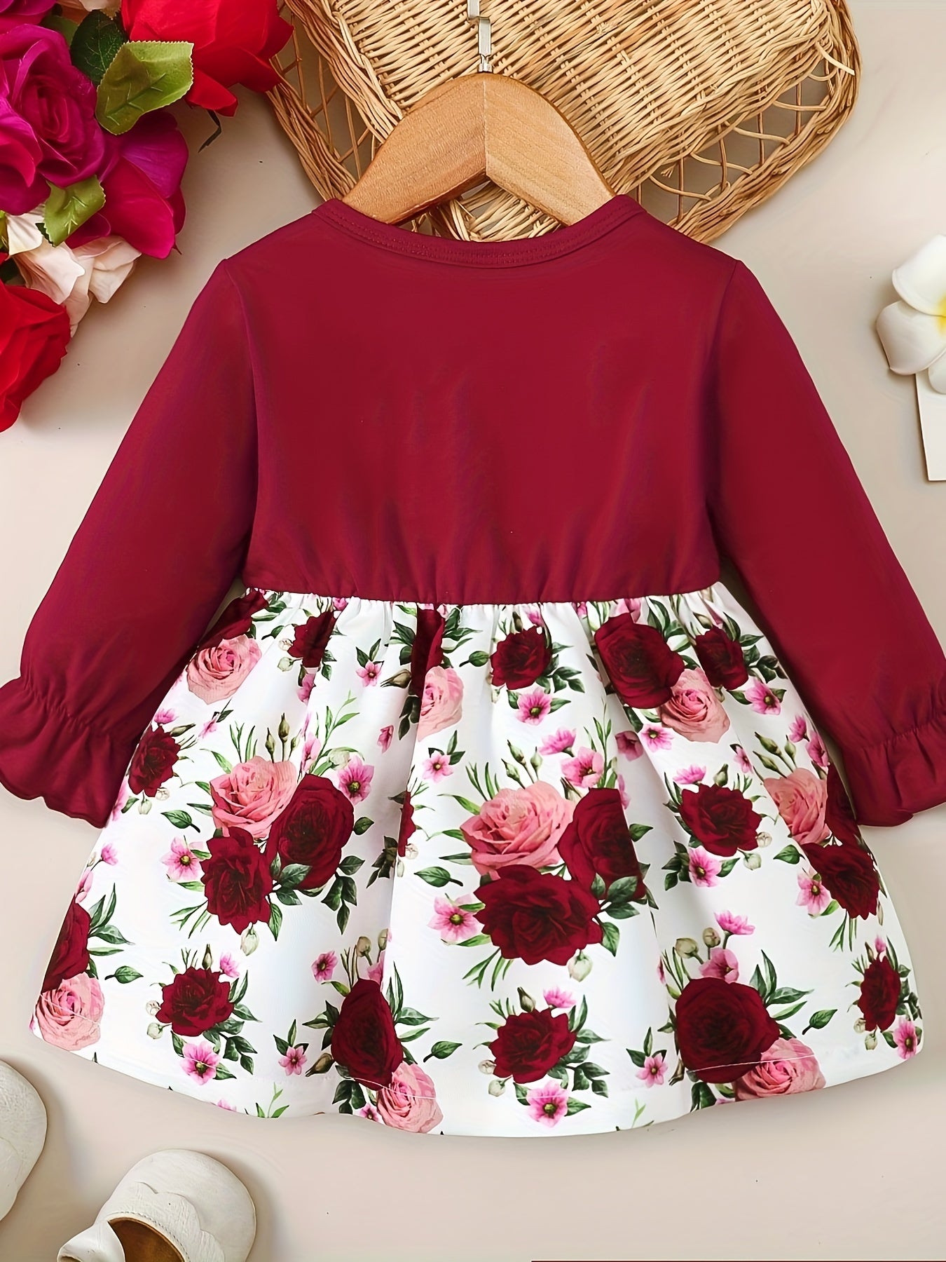 Cute Girls Ditsy Floral Long Sleeve Splicing Faux Two-piece Bow Dress