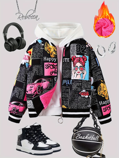 Chaqueta bomber con forro polar y estampado pop art para niña: abrigo informal con cremallera estilo béisbol para otoño/invierno, tallas 130-170