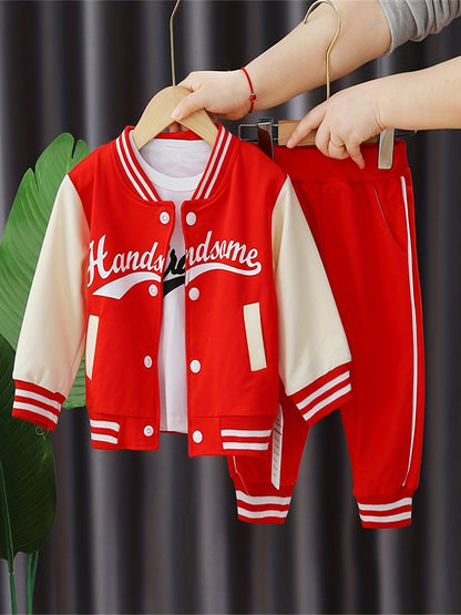 3pcs 95% cotton Boy's Letter Print Long Sleeved Baseball Suit, Casual Crew Neck Slightly Stretch Set, Ideal For Daily And Outdoor Wear