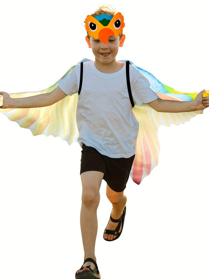 2pcs Boy's Bird Wings Cape Imitation Parrot-Wings Clothes + Mask Suit, Perfect For Birthday, Halloween And Carnival Party Playing & Performance