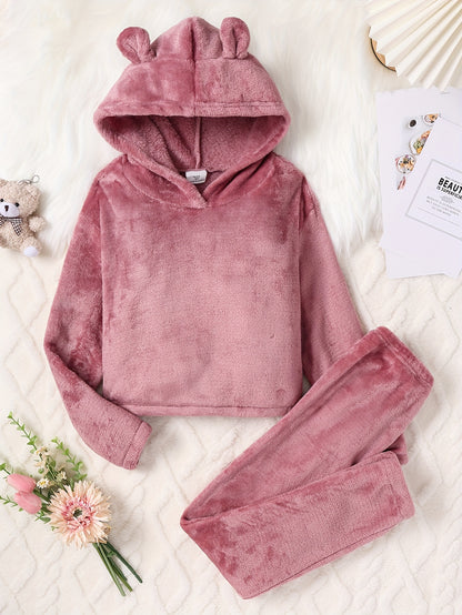 2 Pcs Girl's Cute Animal Ear Design Plus Velvet Thickened Clothing Sets, Warm Hooded Long Sleeve & Long Pants Set, Daily Outdoor Outfits For Autumn And Winter
