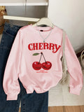 Girls' Vintage Cherry & Letter Print Casual Sweatshirt - Cozy Polyester, Round Neck, Long Sleeve for Fall/Winter