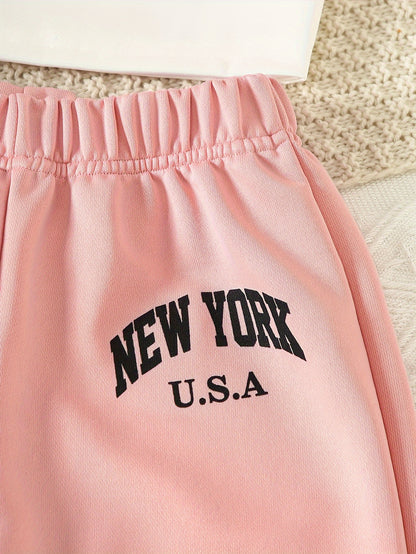 Girls' 3pcs Fashion Outfit, Short Hoodie and Tank Top with Athletic Pants Set, New York Print Casual Long Sleeve Top, Kids Spring/Summer/Autumn/Winter Clothing, Knitted Fabric, Stretchy, Letter Pattern, Regular Fit, Polyester