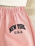 Girls' 3pcs Fashion Outfit, Short Hoodie and Tank Top with Athletic Pants Set, New York Print Casual Long Sleeve Top, Kids Spring/Summer/Autumn/Winter Clothing, Knitted Fabric, Stretchy, Letter Pattern, Regular Fit, Polyester