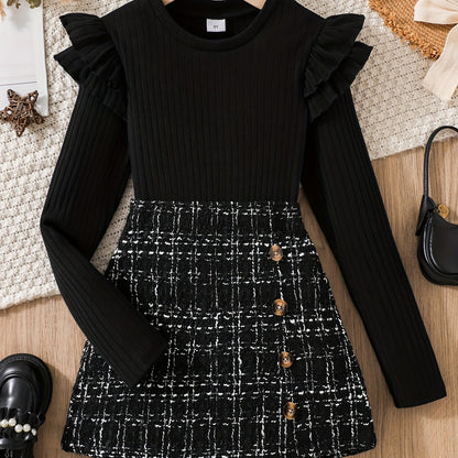 Conjunto de 2 piezas: top de manga larga con volantes y falda de punto de tweed - Ropa de primavera/otoño, atuendo para niñas al aire libre, regalo