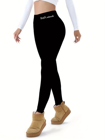 Women's Elegant Embroidered Fleece-Lined Leggings - Soft, Stretchy, Warm Fall & Winter Black Pants with Flame Detail, Plus Size Pants