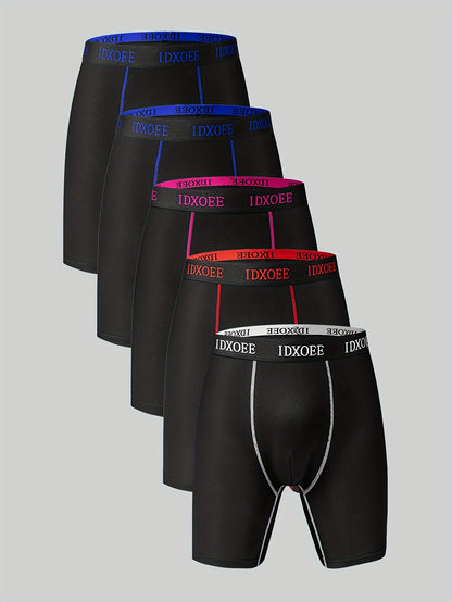 5-Pack Men's Polyester Trunks - 95% Polyester, 5% Spandex, High Stretch, Solid Color, Breathable Shapewear Underwear, Quick-Dry, Elastic Waistband Long Boxer Briefs for Workout, Sport, Casual Use - Lightweight, Moisture-Wicki