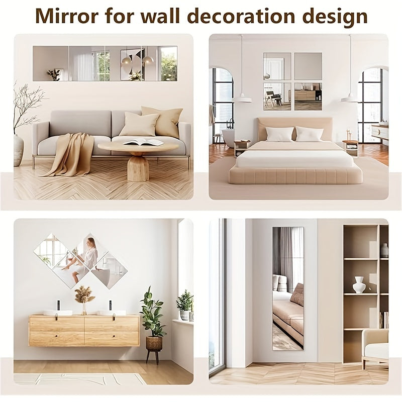 4pcs Set, 1mm Thick Square Acrylic Mirror Wall Decals - Shatterproof & Removable, Perfect for Bedroom, Living Room, Office, Kitchen, Bathroom, and Entryway Decor, Full-Length Dressing Mirror Stickers, 7.9x7.9 Inches