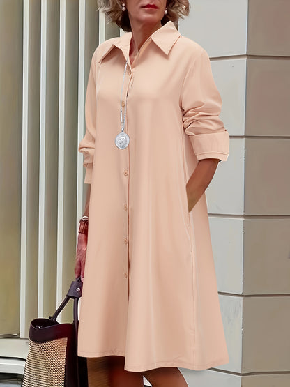 Plus Size Casual Dress, Women's Plus Solid Button Up Long Sleeve Turn Down Collar Shirt Dress