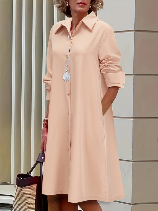 Vestido informal de talla grande para mujer, vestido camisero de manga larga con botones y cuello vuelto, liso, talla grande