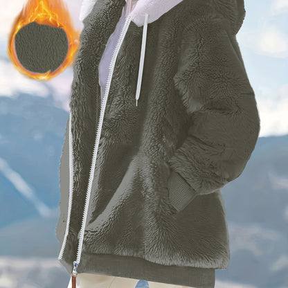 Plus Size Fuzzy Hooded Coat, Casual Long Sleeve Zipper Coat With Pockets, Women's Plus Size Clothing