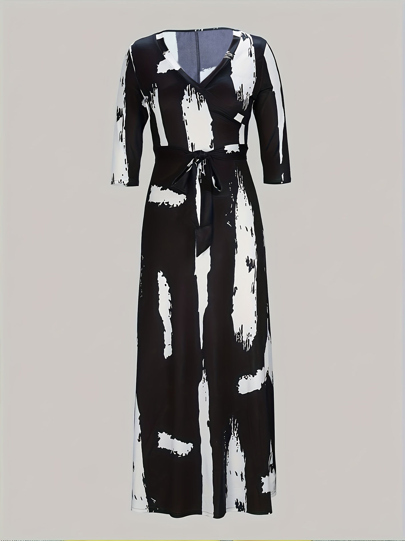 Vestido largo con estampado de pinceles, talla grande, elegante vestido con cuello en V para primavera, ropa de talla grande para mujer.