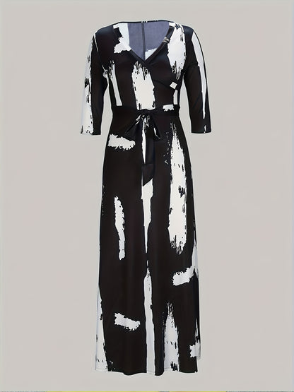 Vestido largo con estampado de pinceles, talla grande, elegante vestido con cuello en V para primavera, ropa de talla grande para mujer.