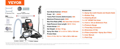 VEVOR 750W 950W Airless Paint Sprayer 3000PSI High Efficiency Electric Airless Sprayer Handheld Paint Sprayers for Home Interior