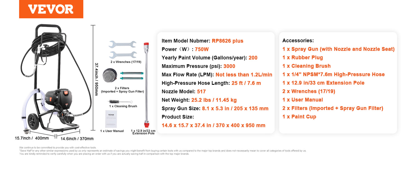 VEVOR 750W 950W Airless Paint Sprayer 3000PSI High Efficiency Electric Airless Sprayer Handheld Paint Sprayers for Home Interior