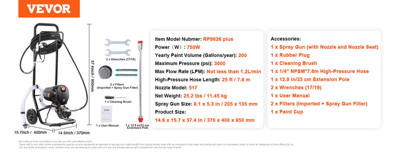 VEVOR 750W 950W Airless Paint Sprayer 3000PSI High Efficiency Electric Airless Sprayer Handheld Paint Sprayers for Home Interior