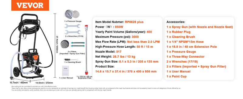 VEVOR 750W 950W Airless Paint Sprayer 3000PSI High Efficiency Electric Airless Sprayer Handheld Paint Sprayers for Home Interior