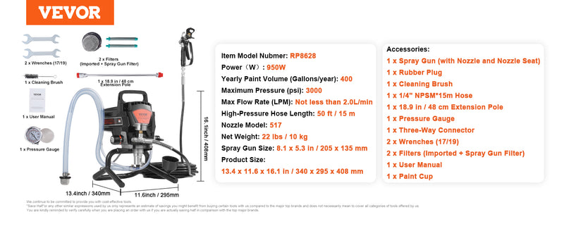 VEVOR 750W 950W Airless Paint Sprayer 3000PSI High Efficiency Electric Airless Sprayer Handheld Paint Sprayers for Home Interior
