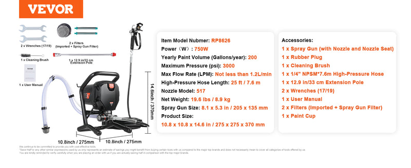 VEVOR 750W 950W Airless Paint Sprayer 3000PSI High Efficiency Electric Airless Sprayer Handheld Paint Sprayers for Home Interior