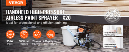 VEVOR 750W 950W Airless Paint Sprayer 3000PSI High Efficiency Electric Airless Sprayer Handheld Paint Sprayers for Home Interior