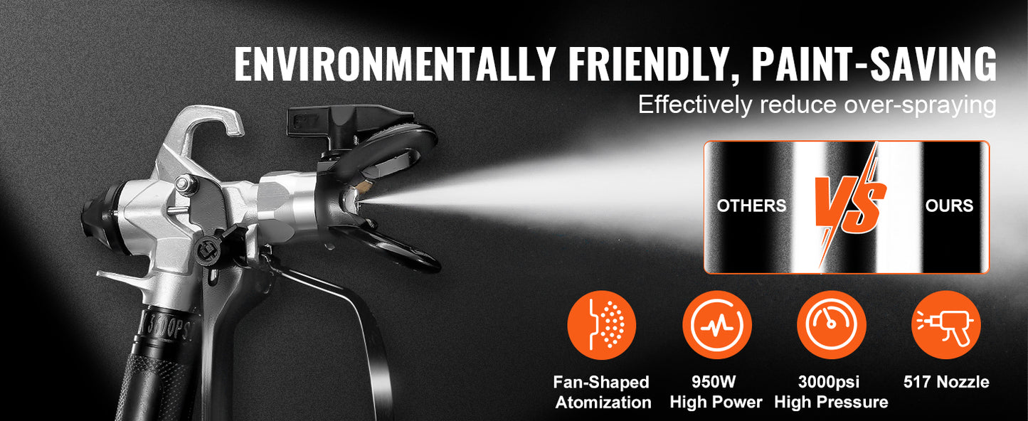 VEVOR 750W 950W Airless Paint Sprayer 3000PSI High Efficiency Electric Airless Sprayer Handheld Paint Sprayers for Home Interior