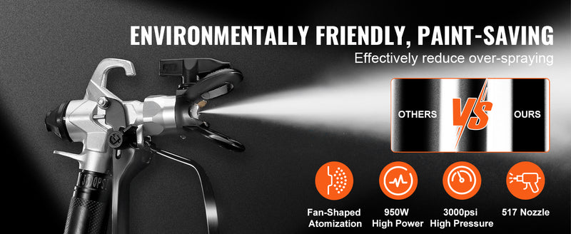 VEVOR 750W 950W Airless Paint Sprayer 3000PSI High Efficiency Electric Airless Sprayer Handheld Paint Sprayers for Home Interior