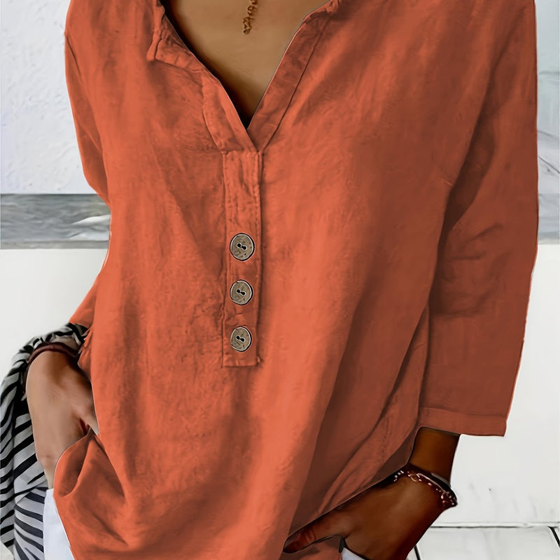V-Neck Button-Up Top - Loose Fit Solid Color Pullover, Fashionable Casual V-Neck Shirt for Women, Relaxed Fit, Non-Stretch Cotton Linen Blouse