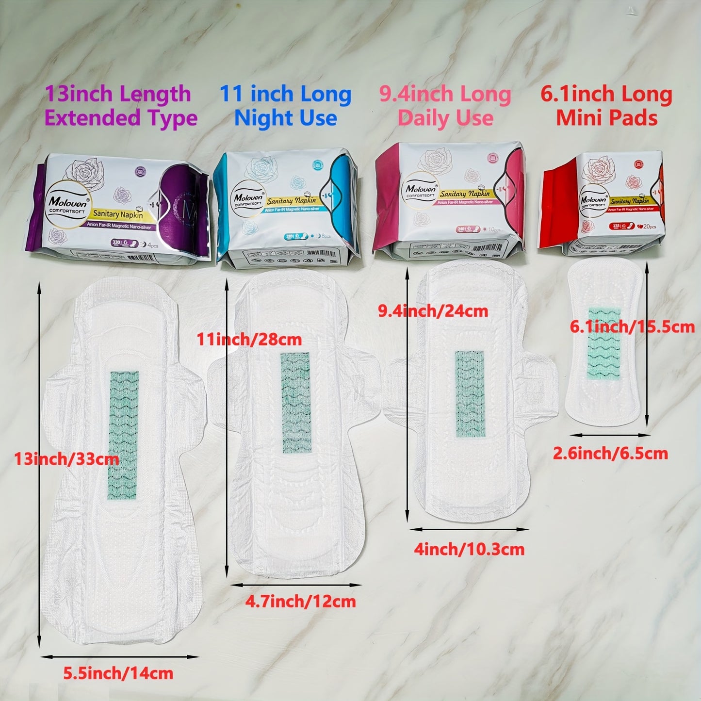 6-Pack Moloven Women'S Sanitary Napkins, 60/56pcs, Ultra-Thin Wings, Soft Comfort, Overnight Absorbent Menstrual Protection, Fragrance-Free, Disposable, Travel Size, Woven Fabric, Non-Woven Material, Pad Format