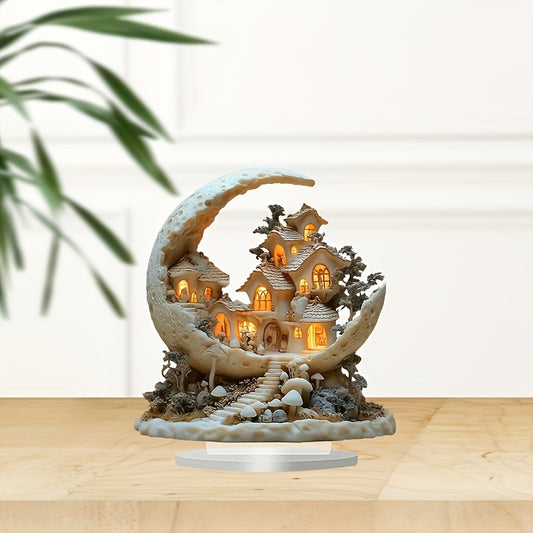 Bohemian Dream Moon Cottage Acrylic Figurine - Elegant Desktop Decor for Bedroom, Perfect Holiday Gift