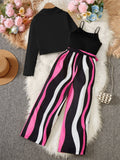 Girl's Outfit: Long Sleeve Short Blazer + Camisole + Striped Jumpsuit Set Includes Belt [Stripe Pattern Is Random], Outdoor Cloth