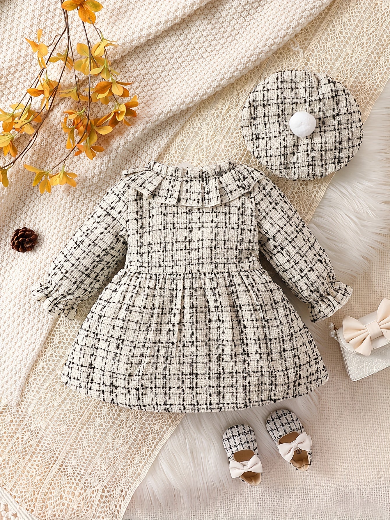 Baby's Elegant Bowknot Decor Ruffled Tweed Long Sleeve Dress, Infant & Toddler Girl's Dress For Daily Wear/Holiday/Party, As Gift