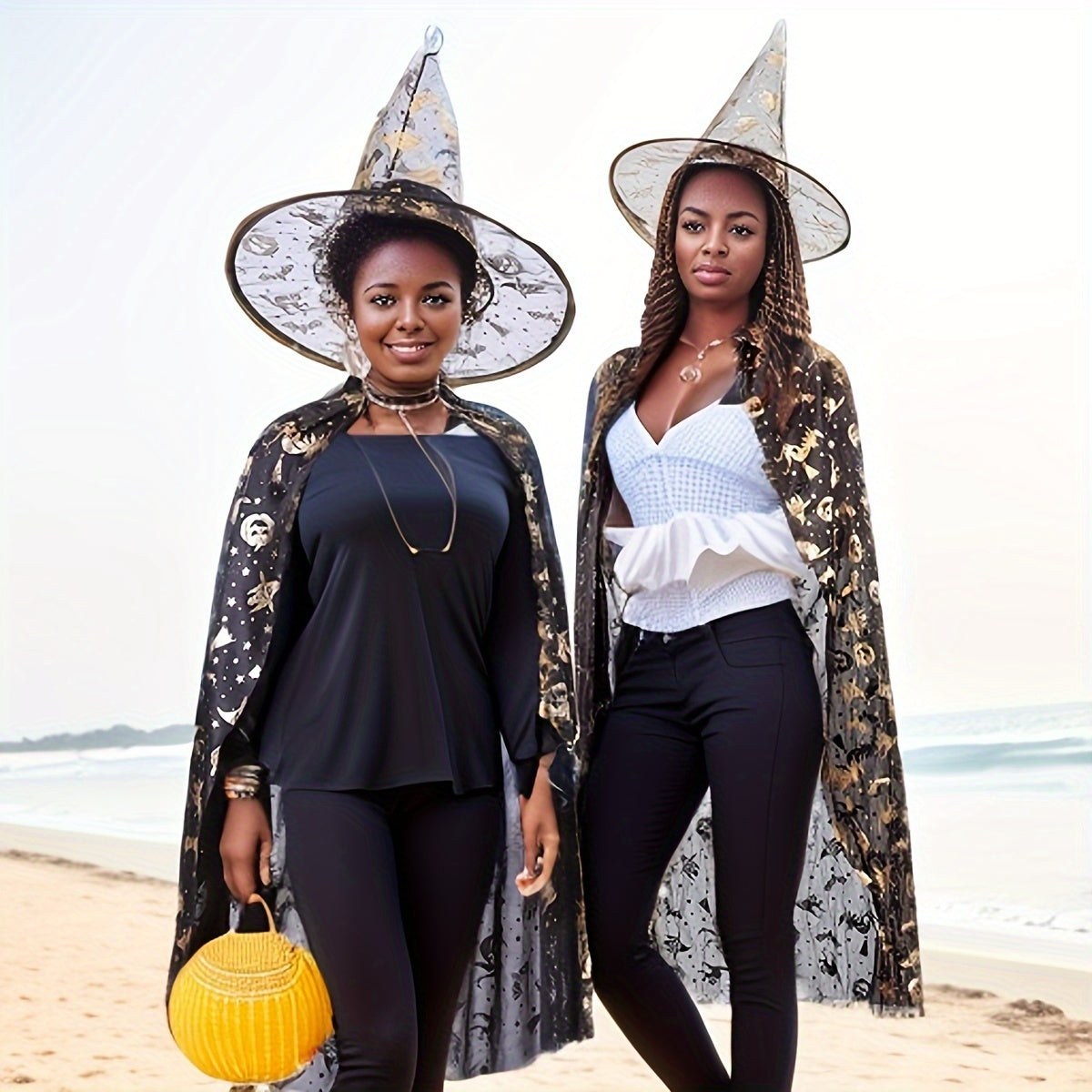 Conjunto de 2 disfraces de bruja de Halloween con cinta: sombrero y capa para cosplay, fiestas y bailes de máscaras.
