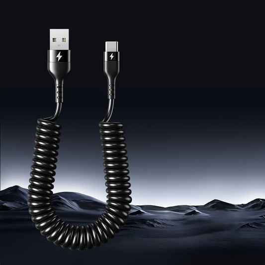 66W 5A USB Type-C Fast Charging and Data Cable, Spring Telescopic Cord For SamSung, Xiaomi, Huawei, OPPO, and More For Android Phones - Car and USB Compatible
