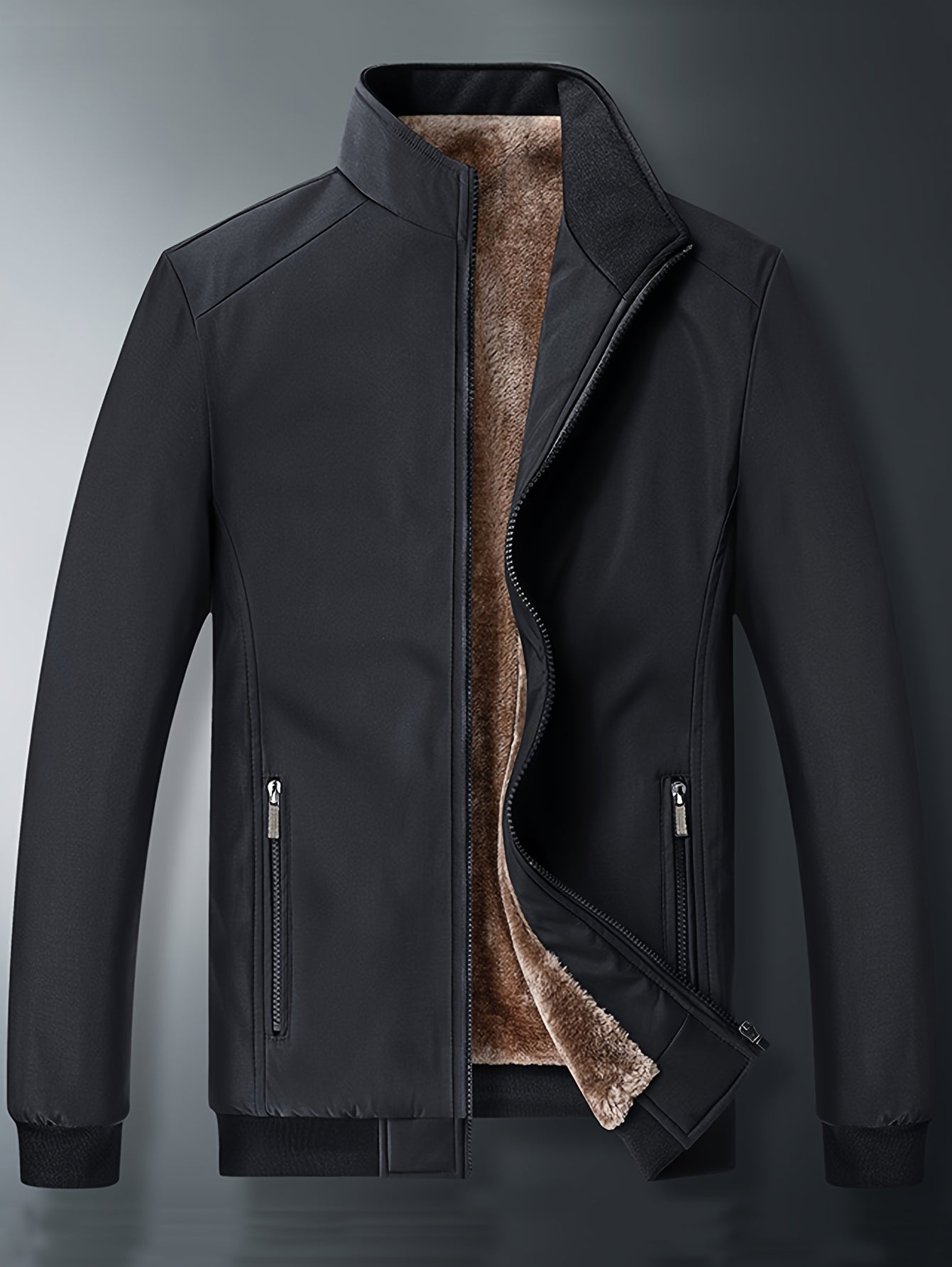 Chaqueta de color liso con cuello alto y forro polar para hombre, abrigo cálido de manga larga con cremallera, cárdigan cómodo y moderno a prueba de frío para otoño e invierno, ideal como regalo.