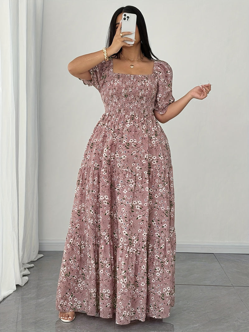Women's Summer Square Neck Elastic Waist Floral Print Puff Sleeve A-Line Maxi Dress - Lightweight Breathable Machine Washable Plus Size Flowy Long Dress for Beach Vacation & Casual Outings, Beach Dresses