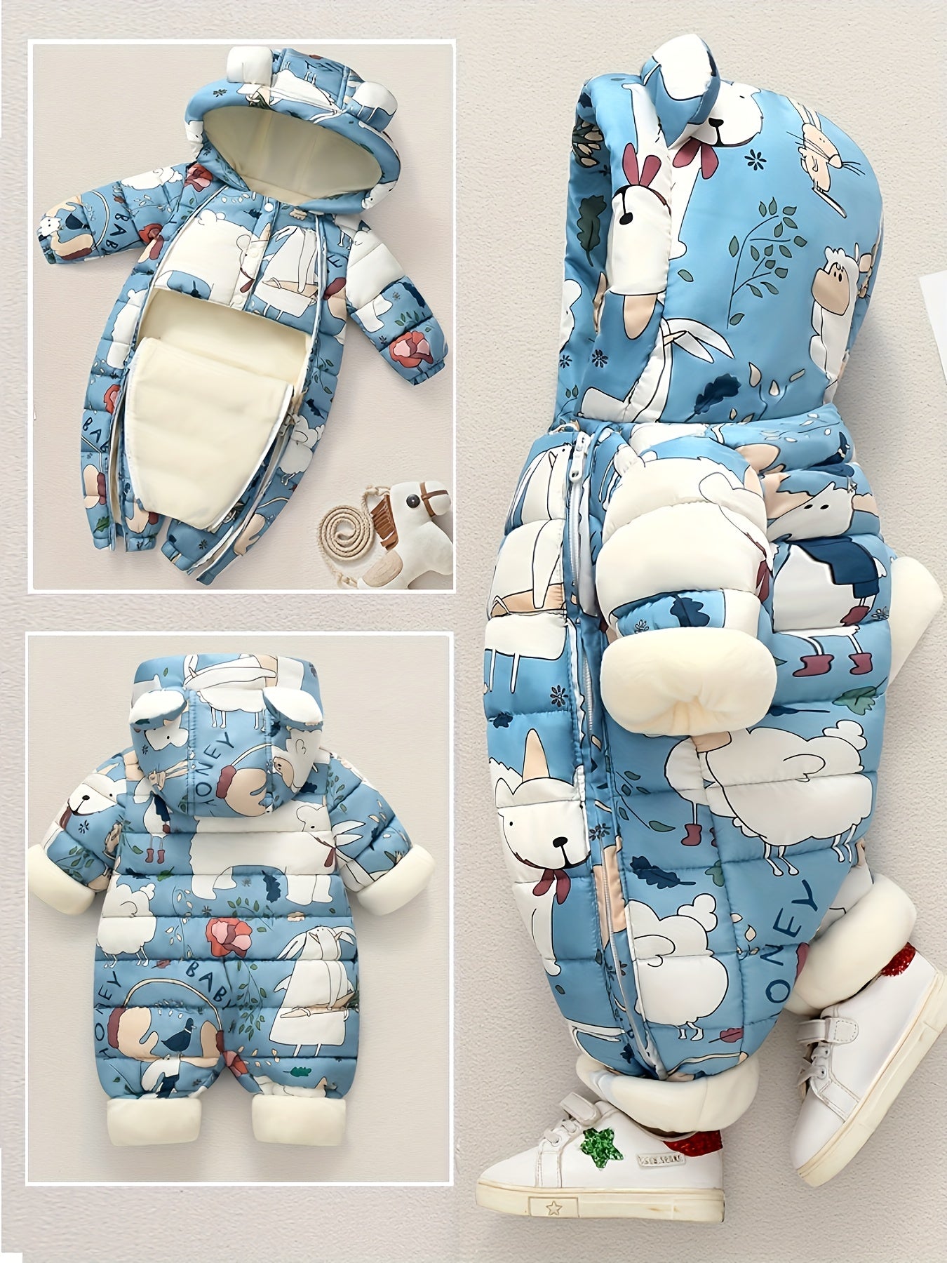 Cozy Fleece-Lined Kids' Onesie with Cute Ears & Cartoon Print - Zip-Up Long Sleeve Snowsuit for Outdoor Warmth, Easy Care, Perfect Christmas Gift for Newborns, Perfect for Outdoor